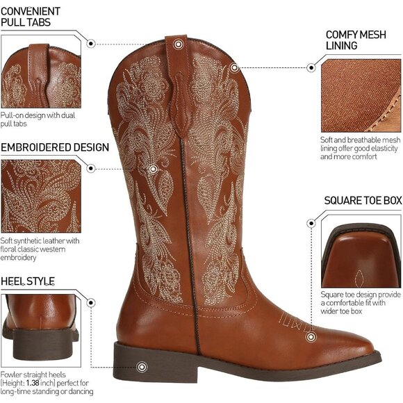 J's.o.l.e Women Brown Cowboy Boots Square Toe Western Cowgirl Fashion Botte Cow - Picture 3 of 8